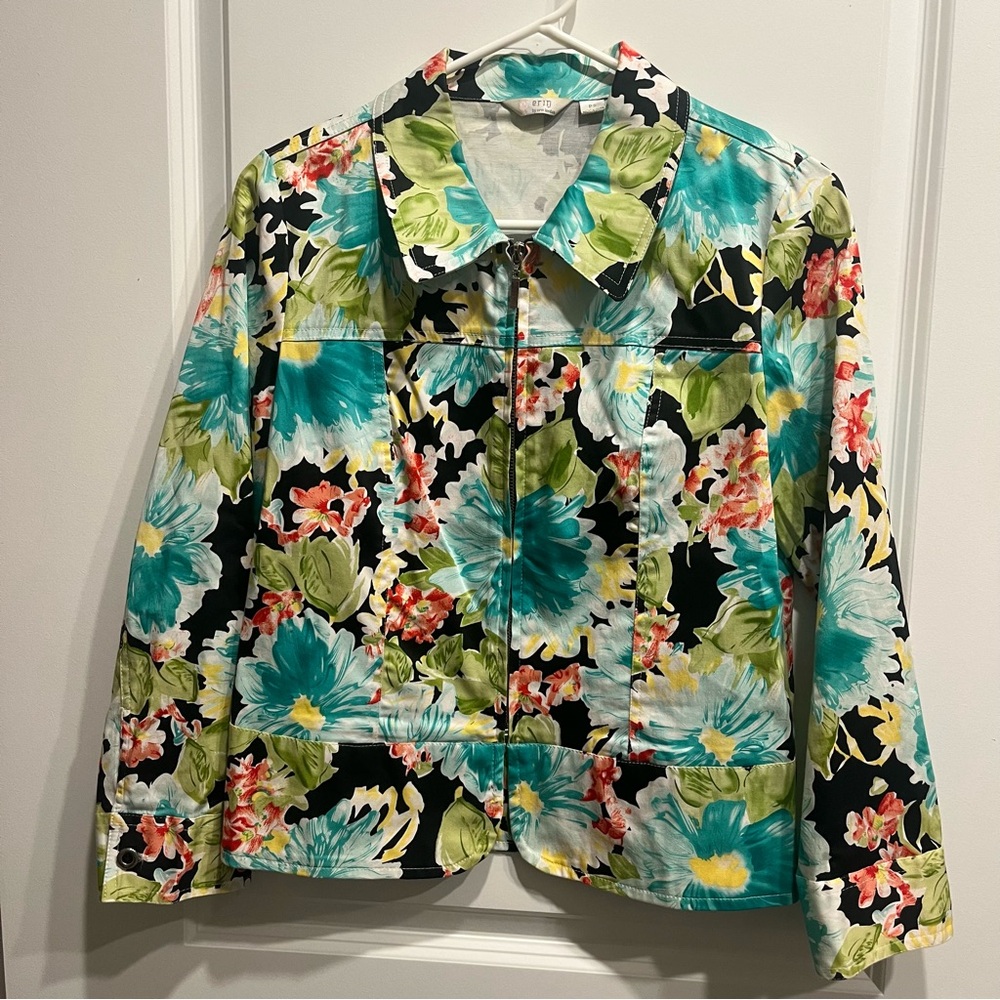 Erin London Zip Up Jacket Floral Leaf Print Women’s Size Petite Small